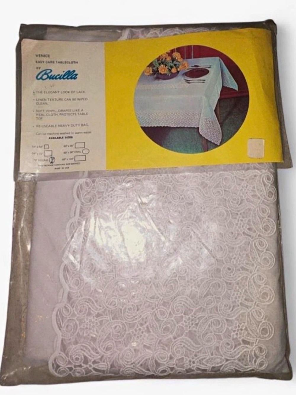 Rare NWT 1960s Vintage VTG Lace Bucilla Venice Easy Care Round Tablecloth 70 in